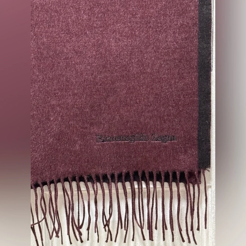 Ermenegildo Zegna Italy Burgundy/Brown fFringed Edge Silk Scarf